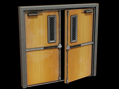Wooden Double Doors Interior With Metal Frame Grid Panels And Door Locks 3d model