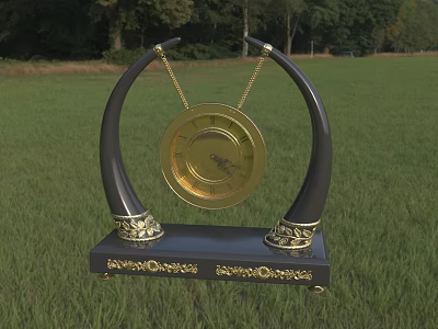 Decorative Ornament Set Featuring Black Curved Stands Golden Circular Decoration and Ornate Black Base 3d model