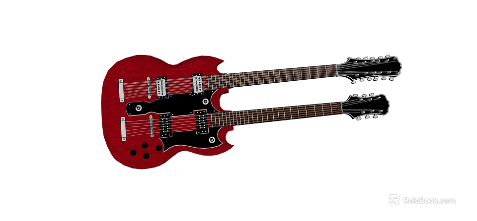 Red Double Neck Electric Guitar Musical Instrument With Glossy Body And Dual Necks 3d model 