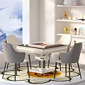 Modern Entertainment Table Interior Design With Four Gray Chairs And Dried Plant Vase
