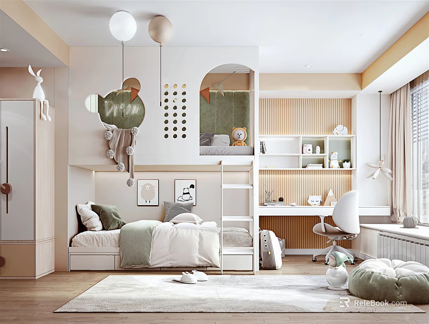 Cozy Kids Room Interior With Bunk Bed Study Desk Soft Rug And Decorative Elements 3d model 