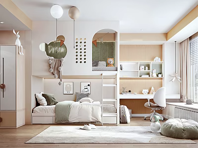 Cozy Kids Room Interior With Bunk Bed Study Desk Soft Rug And Decorative Elements 3d model