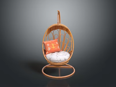 Handwoven Rattan Hanging Chair With Egg Shaped Design White Cushion And Decorative Pillow 3d model