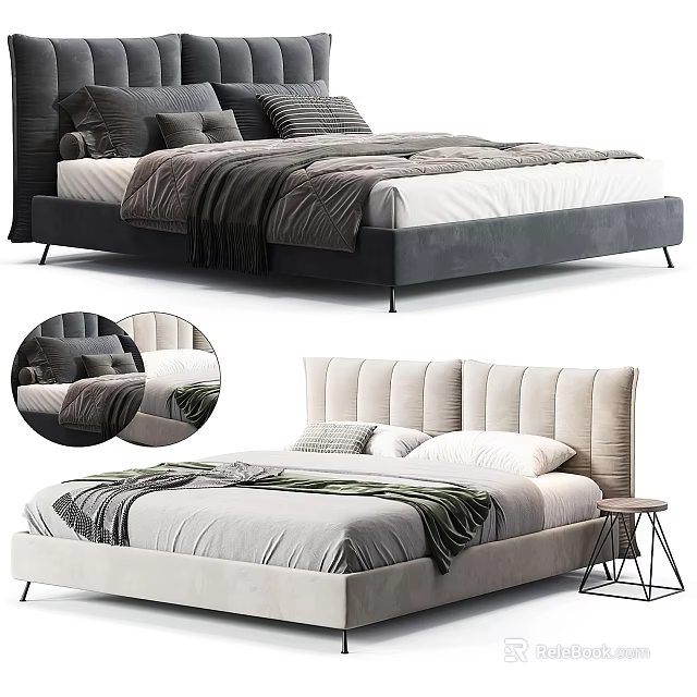 Modern Double Beds With Tufted Upholstered Headboards Soft Blankets Pillows And Side Table 3d model