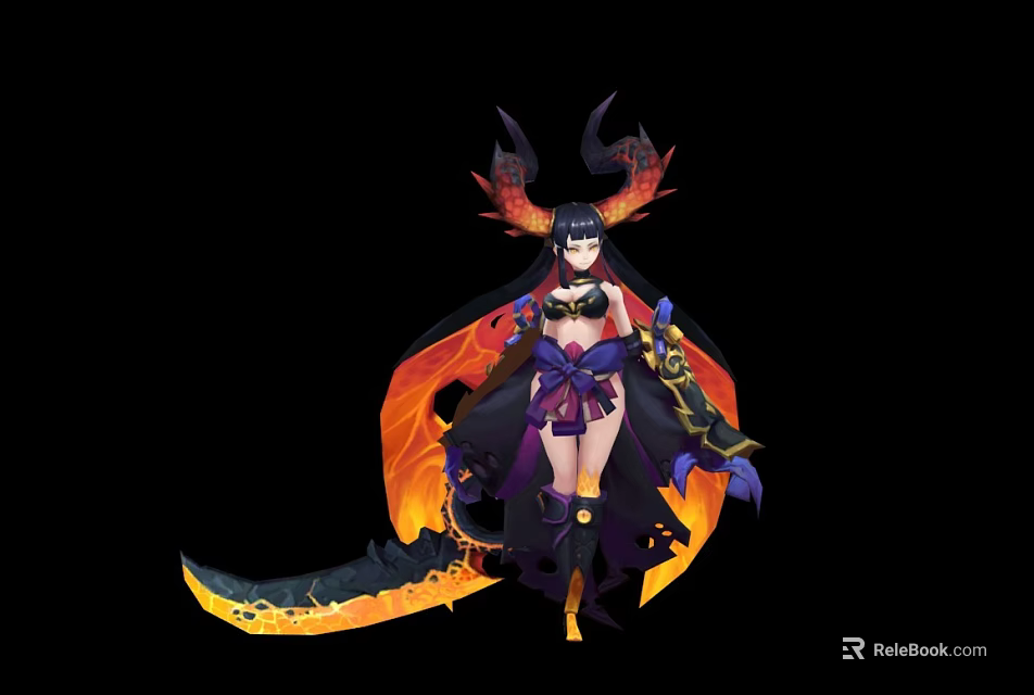 Dark Fantasy Game Character With Horns Black Hair Purple Outfit Flame Wings And Flaming Sword 3d model 