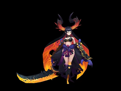 Dark Fantasy Game Character With Horns Black Hair Purple Outfit Flame Wings And Flaming Sword 3d model