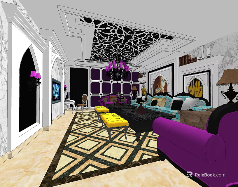 Modern Luxury KTV Lounge With Purple Sofa Chandelier TV Screen And Decorative Wall 3d model 