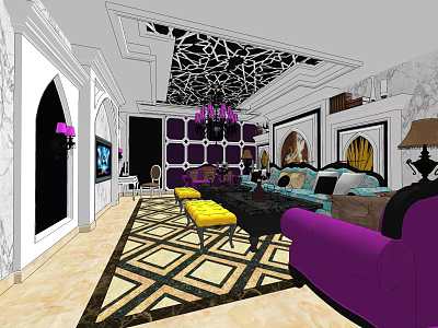 Modern Luxury KTV Lounge With Purple Sofa Chandelier TV Screen And Decorative Wall 3d model