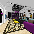 Modern Luxury KTV Lounge With Purple Sofa Chandelier TV Screen And Decorative Wall