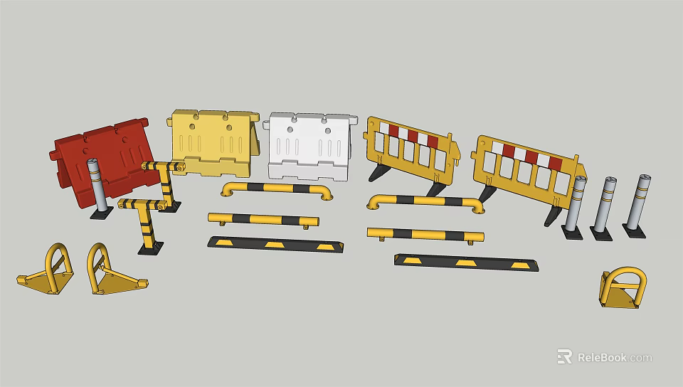 Road Traffic Safety Equipment Including Red Yellow White Barriers And Black Yellow Warning Strips 3d model 