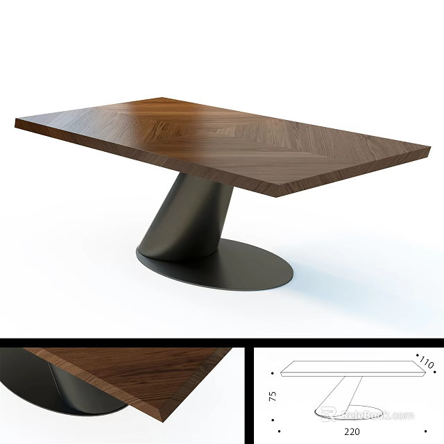 Modern Wooden Dining Table Featuring Herringbone Pattern Top And Black Metal Round Base 3d model 