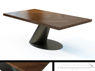 Modern Wooden Dining Table Featuring Herringbone Pattern Top And Black Metal Round Base 3d model