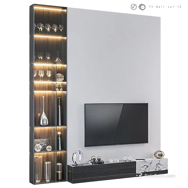 Modern TV Background Wall With Illuminated Shelving And Decorative Wine Glasses Bottles 3d model 