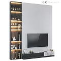 Modern TV Background Wall With Illuminated Shelving And Decorative Wine Glasses Bottles
