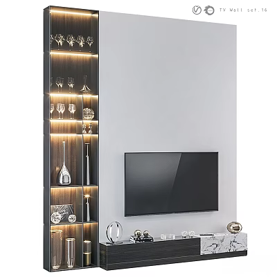 Modern TV Background Wall With Illuminated Shelving And Decorative Wine Glasses Bottles 3d model