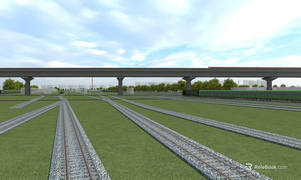 Railway Tracks With Overhead Bridge Structure And Green Grass Field Under Clear Sky 3d model 