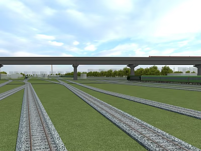 Railway Tracks With Overhead Bridge Structure And Green Grass Field Under Clear Sky 3d model