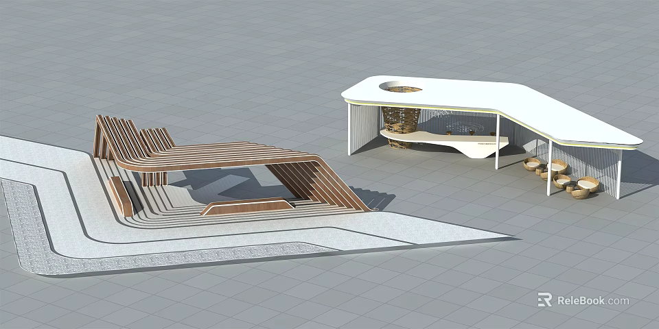 Modern Wooden Pergola With Geometric Structure White Roof And Seating Area Design 3d model 