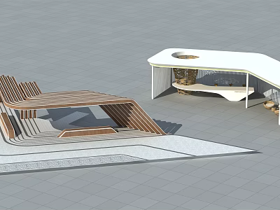Modern Wooden Pergola With Geometric Structure White Roof And Seating Area Design 3d model