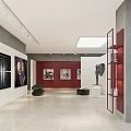 Modern Art Gallery Interior Featuring Large Elephant Painting And Sculptures With Spotlights