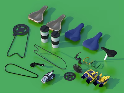 Bicycle Parts Collection With Colored Saddles Chain Gears Pedals And Tools 3d model