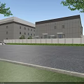 Modern Industrial Factory Building With White Exterior Gray Roof Green Lawn Trees And Road Frontage