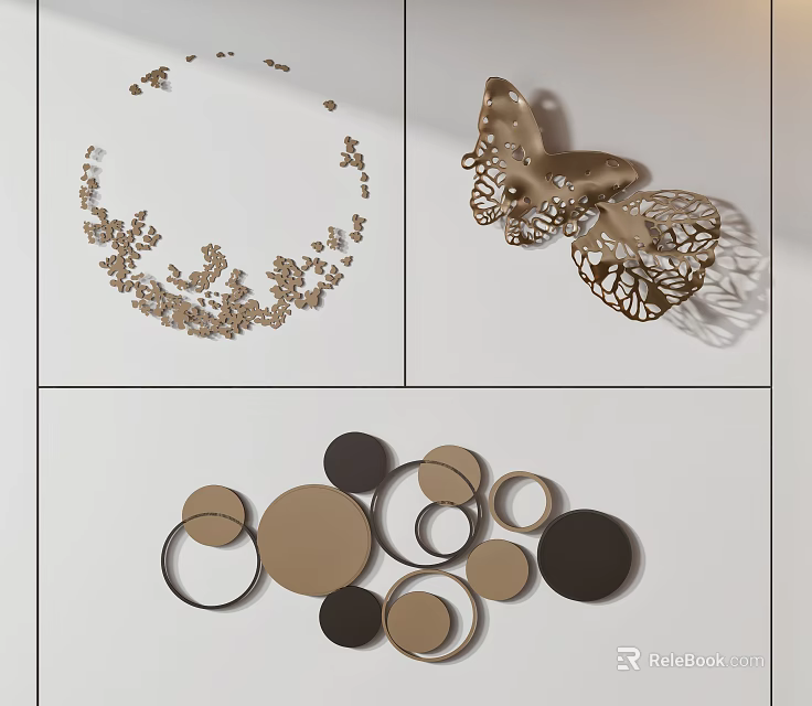 Modern Metal Wall Decor With Leaf Butterfly And Circular Artistic Shapes 3d model 