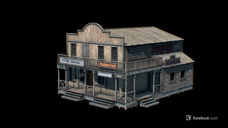Vintage Western Style Wooden Two Story Bed and Breakfast Building With Balcony And Signboards 3d model 