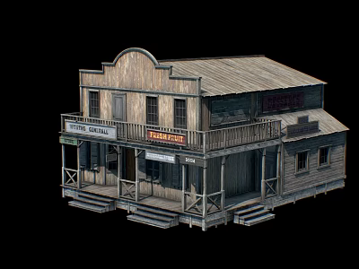 Vintage Western Style Wooden Two Story Bed and Breakfast Building With Balcony And Signboards 3d model