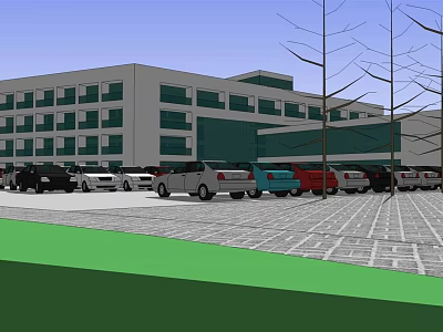 Multi Story Building With Green Accents Parking Lot Various Cars Trees Paved Ground And Lawn 3d model