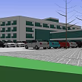 Multi Story Building With Green Accents Parking Lot Various Cars Trees Paved Ground And Lawn