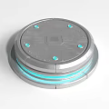 Modern Round Electronic Device With Silver Metal Body Blue Indicator Lights And Bottom Blue Halo