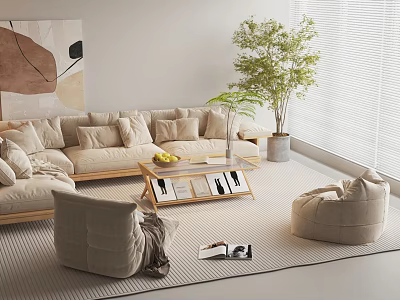 Modern Living Room Interior Design With Beige Sofa Coffee Table Magazines Bean Bag And Green Plant 3d model