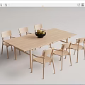 Wooden Rectangular Dining Table Set with Six Chairs and Banana Fruit Bowl 3d model