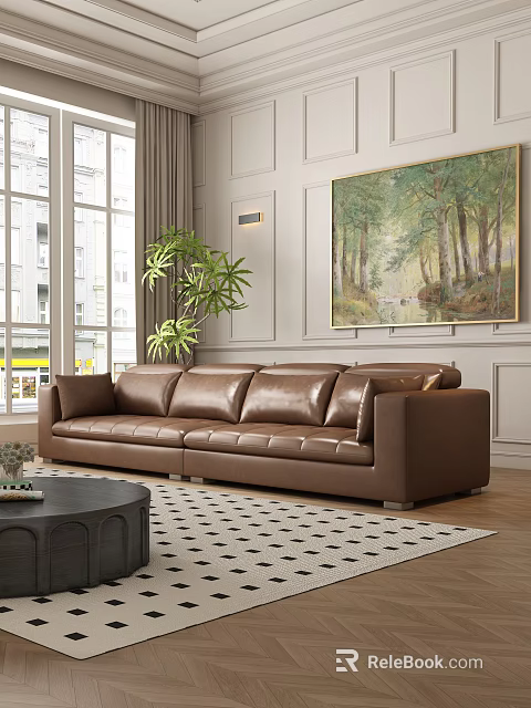 Modern Living Room Interior With Brown Leather Multi Seater Sofa Green Plant And Wall Art 3d model 