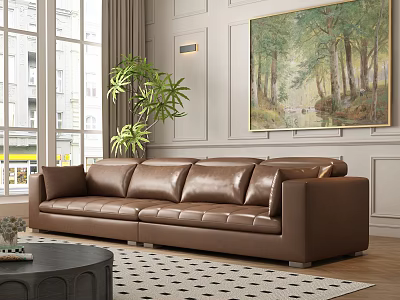 Modern Living Room Interior With Brown Leather Multi Seater Sofa Green Plant And Wall Art 3d model