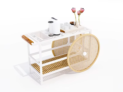 White Rolling Cart With Rattan Design Coffee Maker Cups And Pink Flowers 3d model
