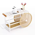 White Rolling Cart With Rattan Design Coffee Maker Cups And Pink Flowers