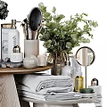 Daily Washing Products Display On Wooden Round Table With Perfume Bottles Towels Candles And Plants