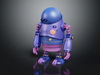 Blue And Purple Robot With Round Head Yellow Buttons Pink Joints Standing On Black Reflective Surface 3d model