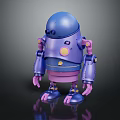 Blue And Purple Robot With Round Head Yellow Buttons Pink Joints Standing On Black Reflective Surface