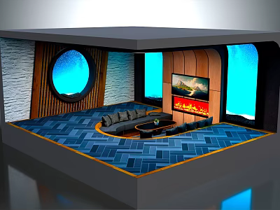 Unique Living Room Interior Design With Circular Window Sofa Fireplace TV And Blue Windows 3d model