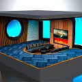 Unique Living Room Interior Design With Circular Window Sofa Fireplace TV And Blue Windows