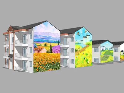 Multi Story Buildings With Colorful Rural Scenery Murals And Sunflower Fields 3d model