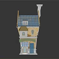 Cartoon Style Yellow Building Scene With Blue Roof Chimney And Striped Awning Windows Blue Door