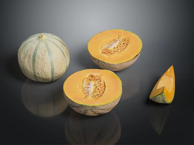 Whole and Cut Open Cantaloupe with Orange Flesh and Seed Sections on Black Surface 3d model
