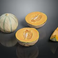 Whole and Cut Open Cantaloupe with Orange Flesh and Seed Sections on Black Surface