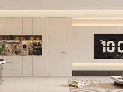 Modern Living and Dining Room Interior Design With White Cabinets TV Wall and Open Layout 3d model