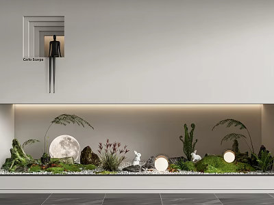 Modern Interior Landscape With Green Ferns Moon Ornament Rabbit Figurines And Soft Lighting 3d model