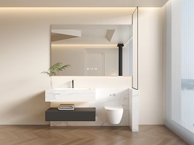 Minimalist Bathroom Interior With White Marble Countertop Wall Mounted Sink Large Mirror And Wooden Flooring 3d model